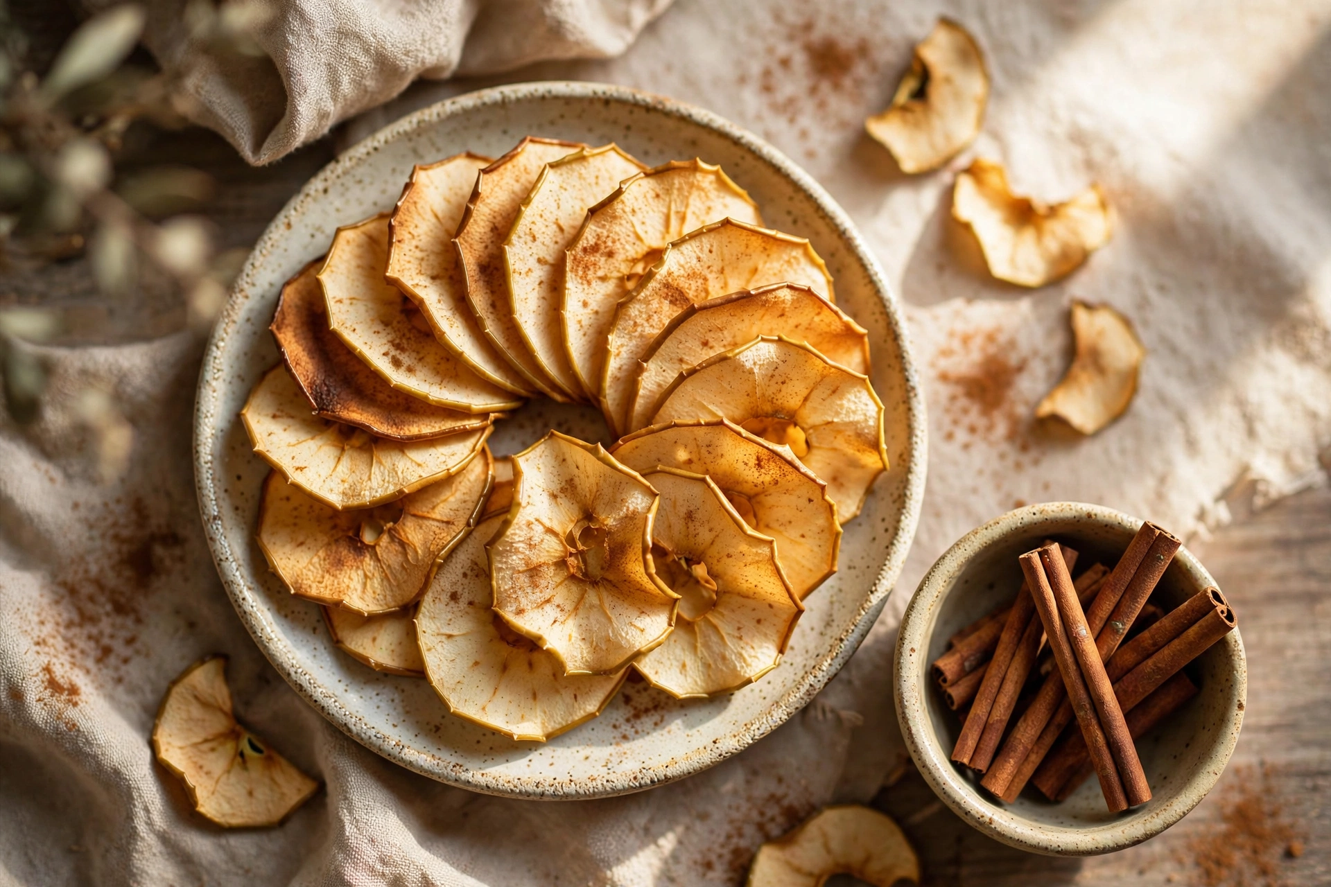 Crispy baked apple chips dusted with cinnamon, fanned out on a rustic ceramic plate with cinnamon sticks