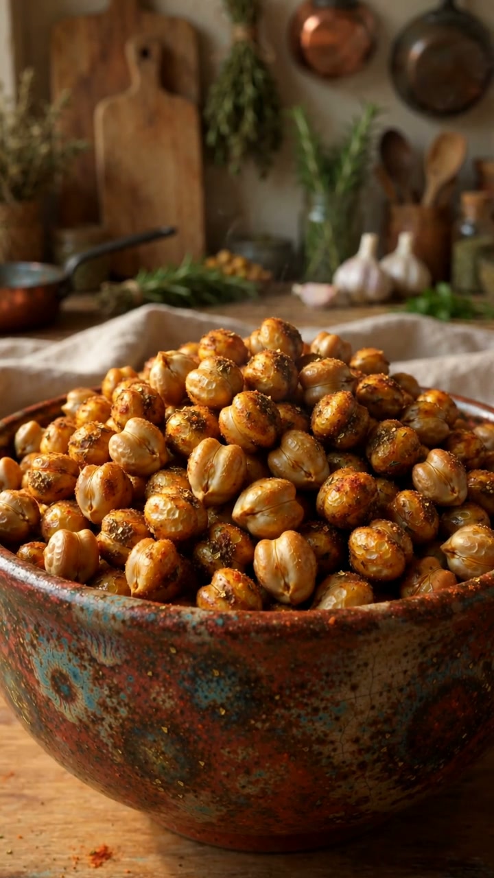 A rustic bowl piled with golden crispy roasted chickpeas