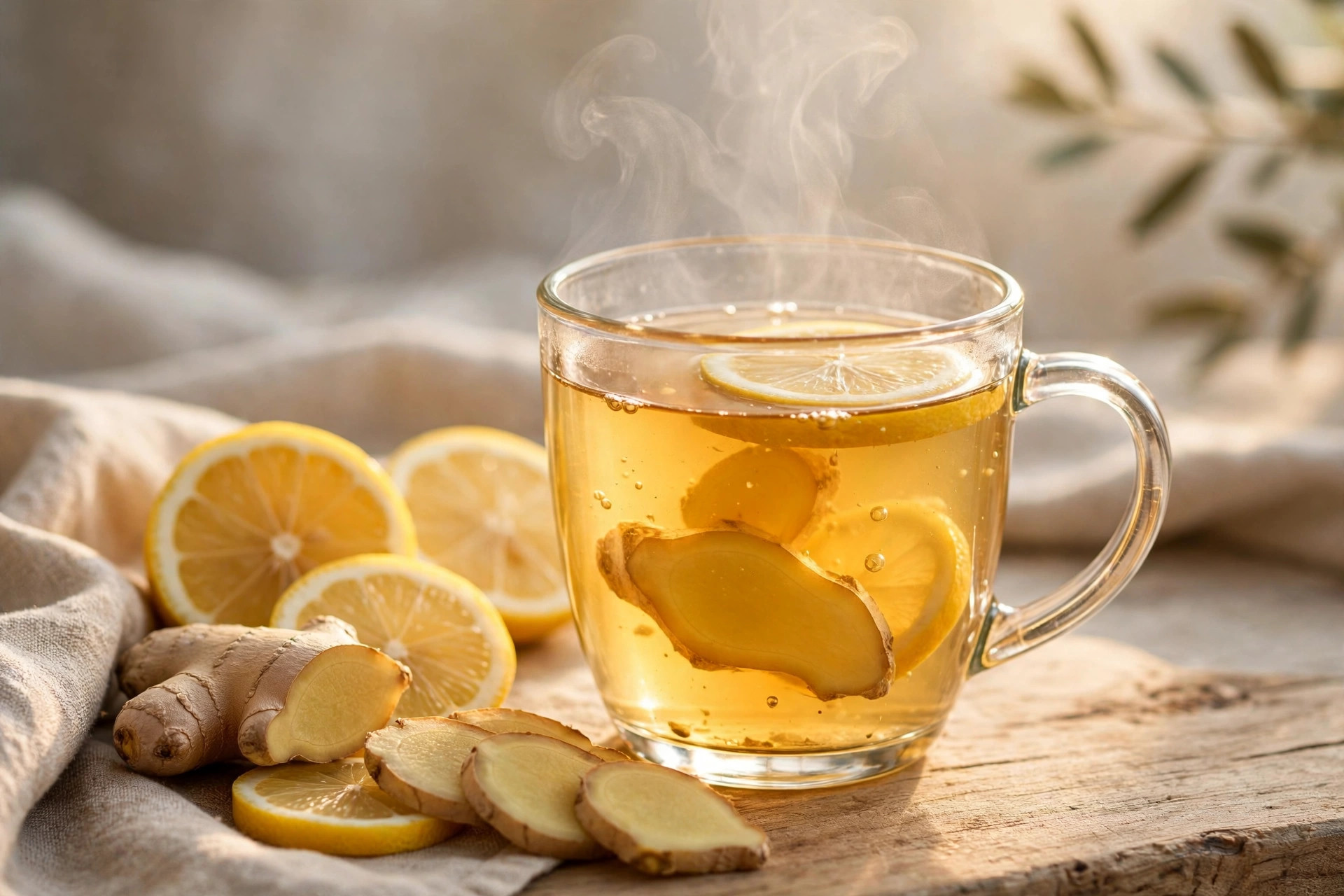 Fresh ginger tea in a clear glass mug with sliced ginger
