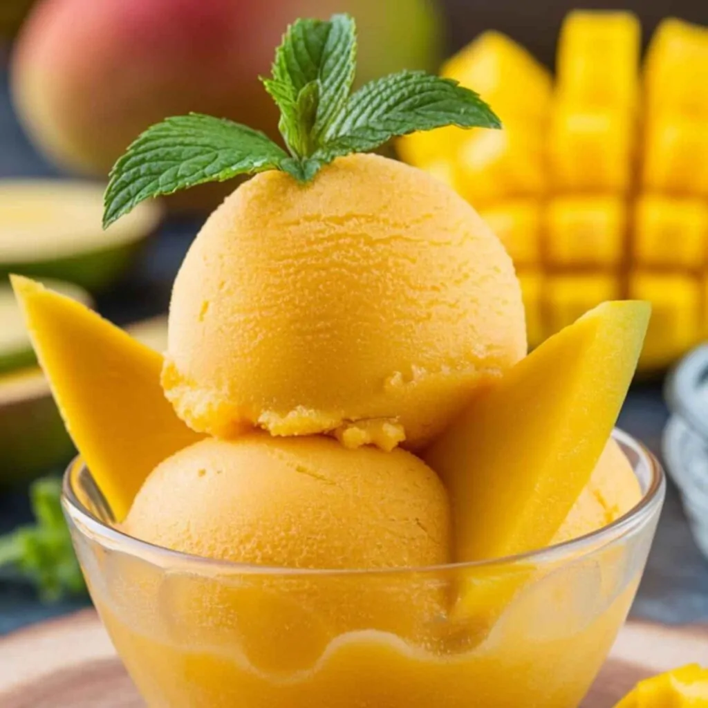 Two scoops of mango sorbet in a glass bowl with fresh mango slices and mint