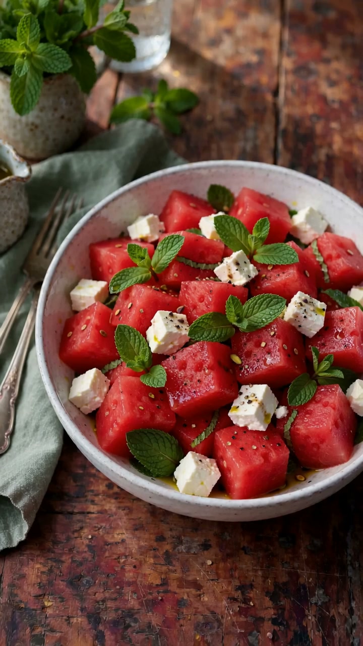 Watermelon feta mint salad with juicy cubes of watermelon, crumbled feta, and fresh mint